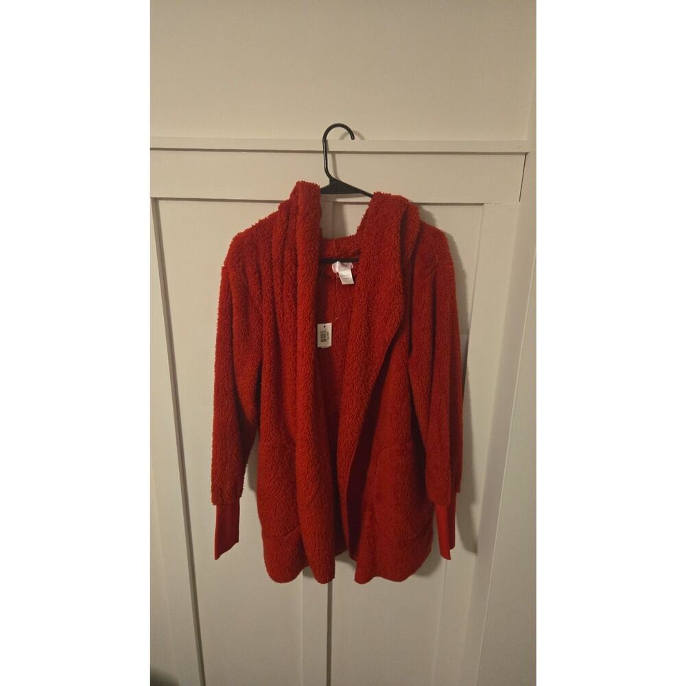 Top it off Red Sherpa Hooded Open Front Cardigan One Size